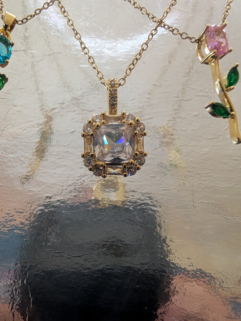 Gold Plated Pendant Necklace with CZ Square Center Stone - Women Jewelry